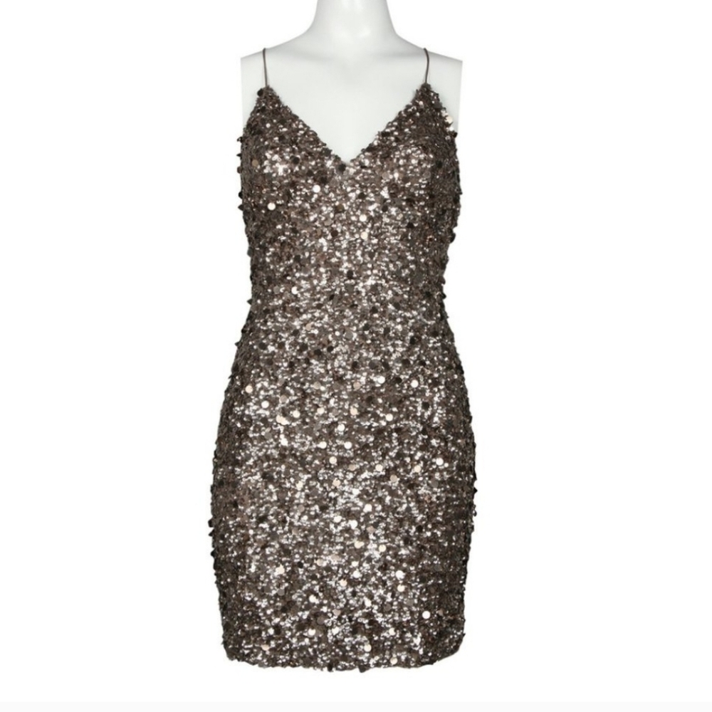 Adrianna Papell Live From The Red Carpet Bronze Sequin Cocktail Mini Silk Dress